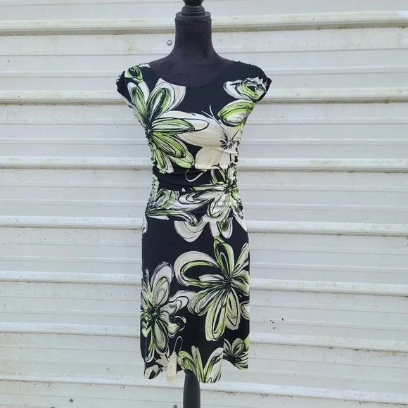 Intermission Womens Black Dress Green Floral Cap Sleeve Boat Neck A-Line Size 4 - Picture 1 of 11